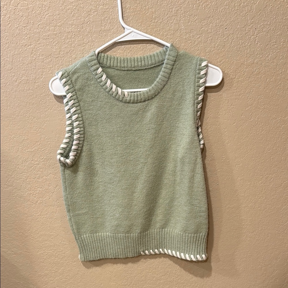 SHEIN Sage Green Knit Sleeveless Tank with White Trim